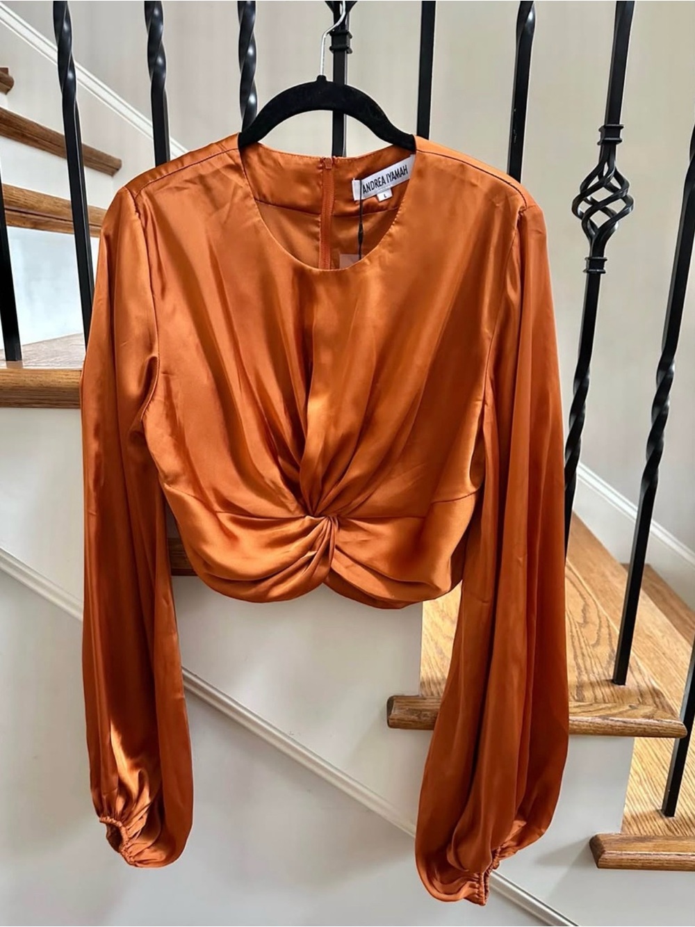 Andrea Iyamah Orange Satin Knot-Front Crop Top - Picture 6 of 8